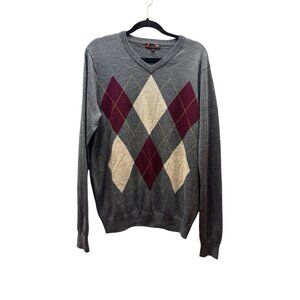 Dressman Vintage V-Neck Merino Wool Gray Burgundy & Tan XL Sweater READ